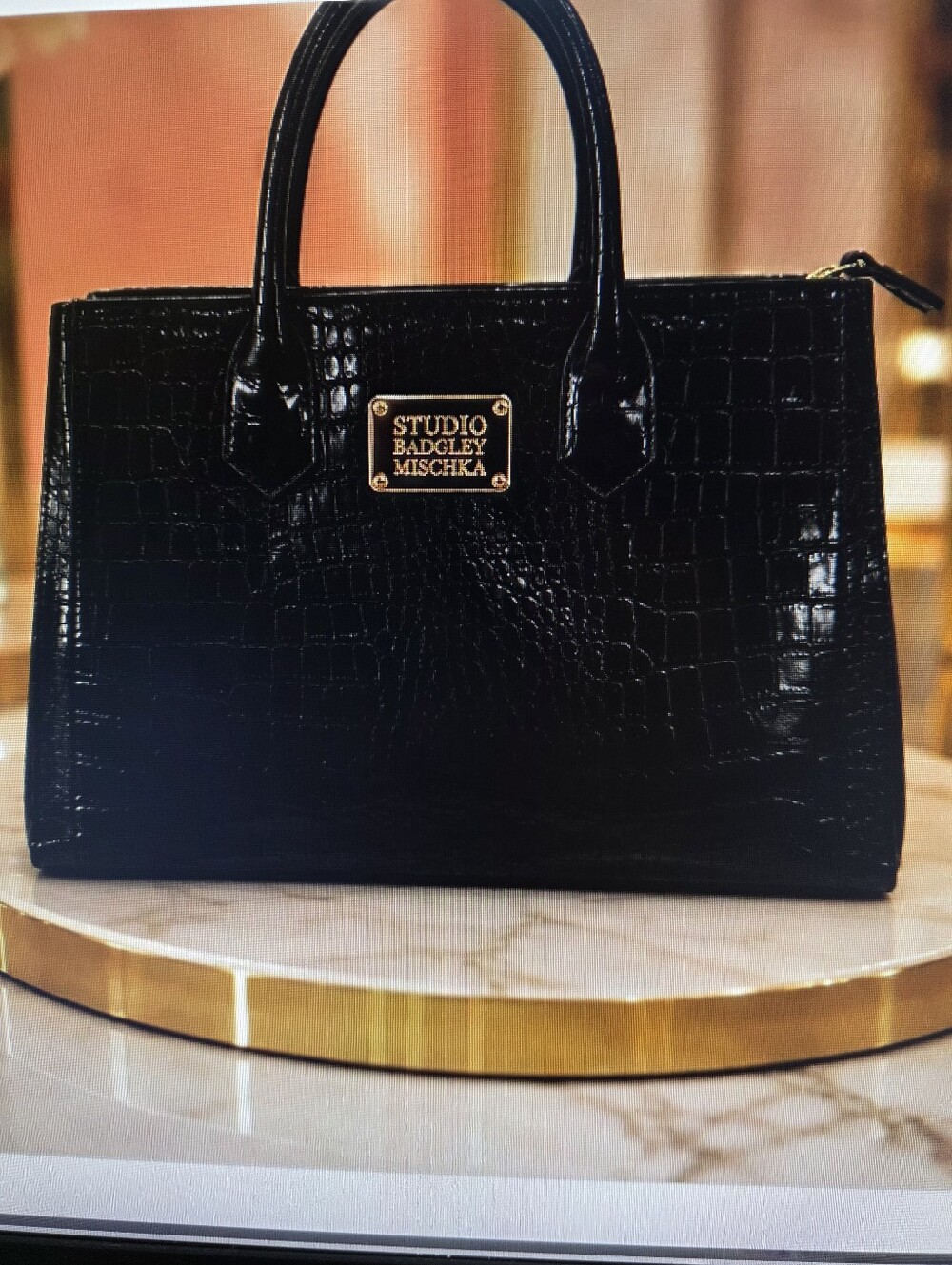 Studio Badgley Mischka Black Croc-Embossed Satchel with Gold Plaque